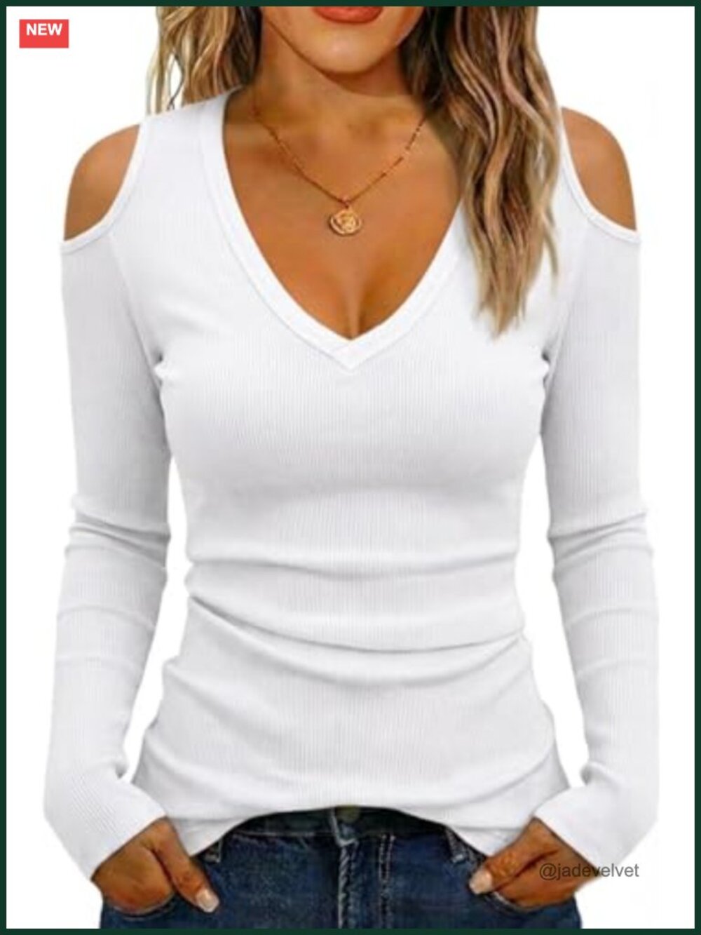 Women V Neck Cold Shoulder Top Long Sleeve Ribbed Slim Fit Tunic